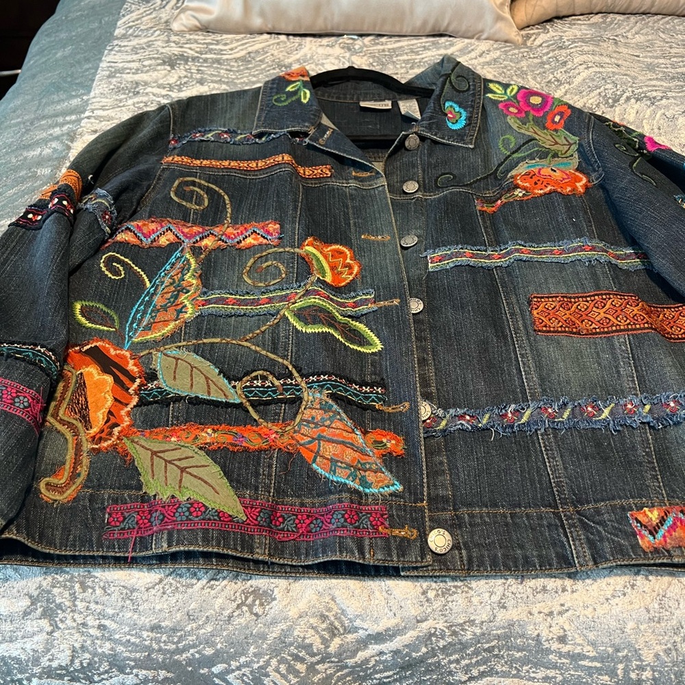 Chico's Embroidered Dark Blue Denim Jacket with Multicolor Floral Accents - Picture 3 of 5